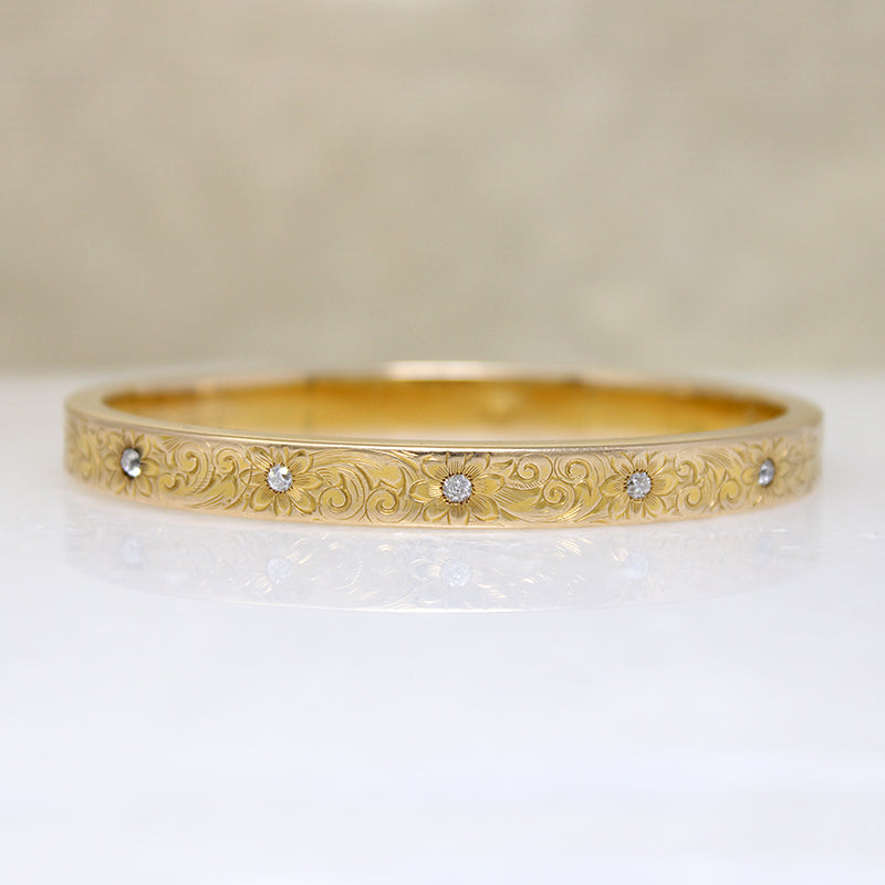 Marion & Tillie's Engraved Gold & Diamond Bangle 