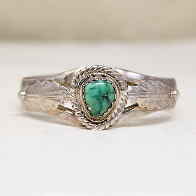 Pretty Green Turquoise Sterling Cuff with Appliqué Leaves
