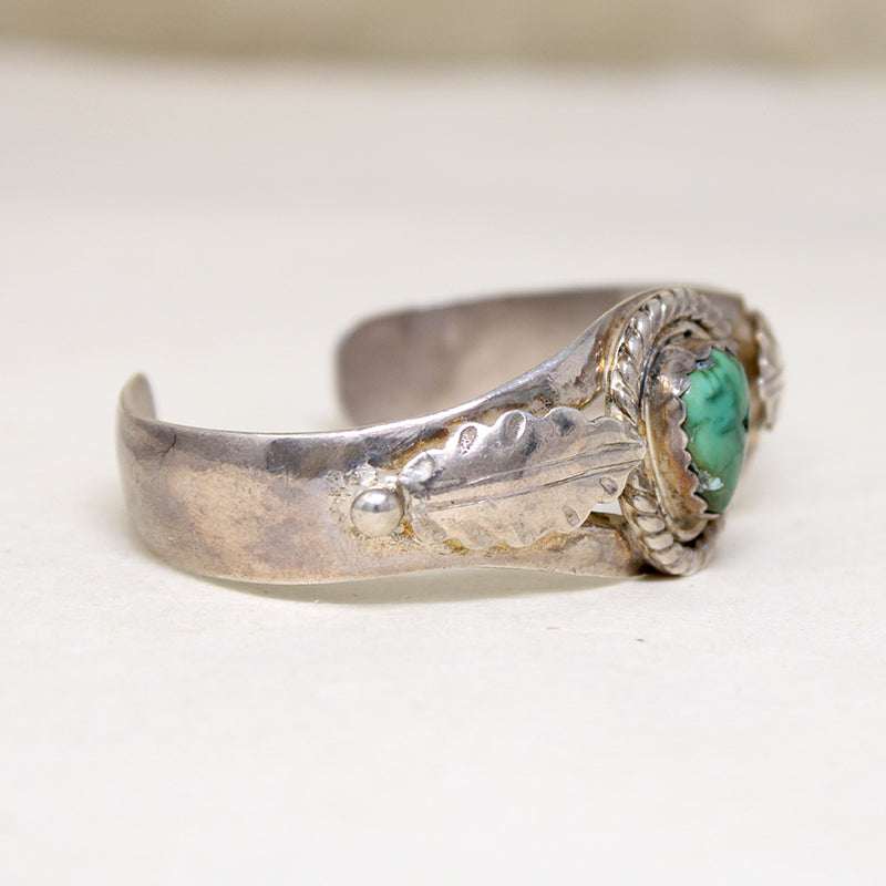 Pretty Green Turquoise Sterling Cuff with Appliqué Leaves