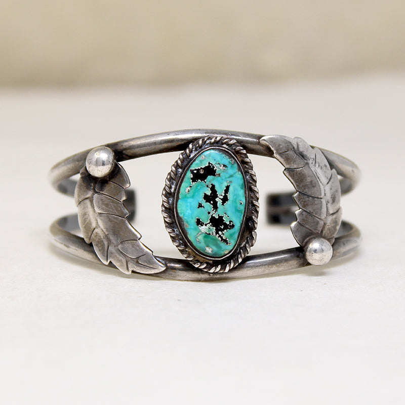 Handsome Sterling Cuff with Turquoise & Leaves