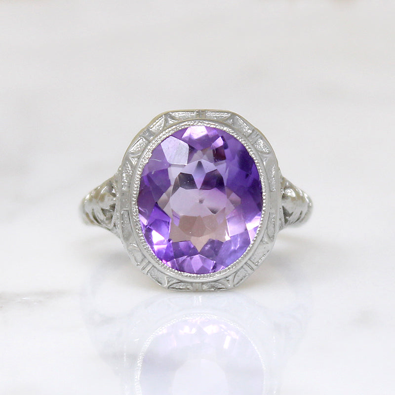 Fresh Bright Amethyst in Glittering Art Deco Filigree Ring