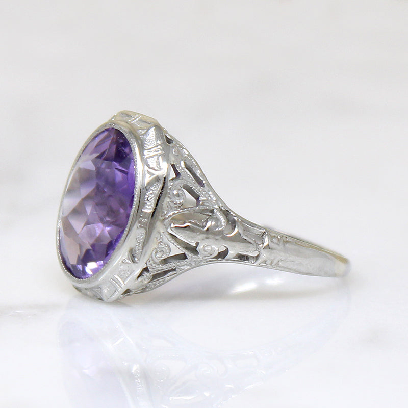 Fresh Bright Amethyst in Glittering Art Deco Filigree Ring
