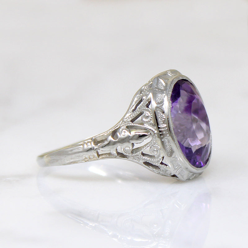 Fresh Bright Amethyst in Glittering Art Deco Filigree Ring