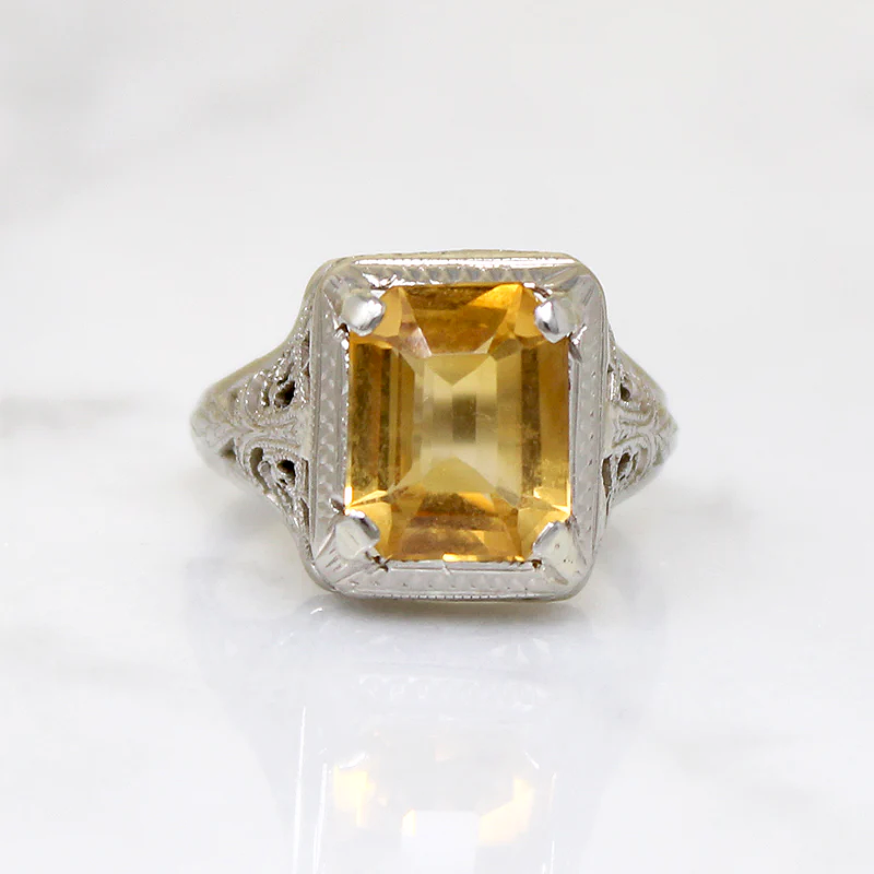 Honey-Colored Citrine in White Gold Filigree Ring