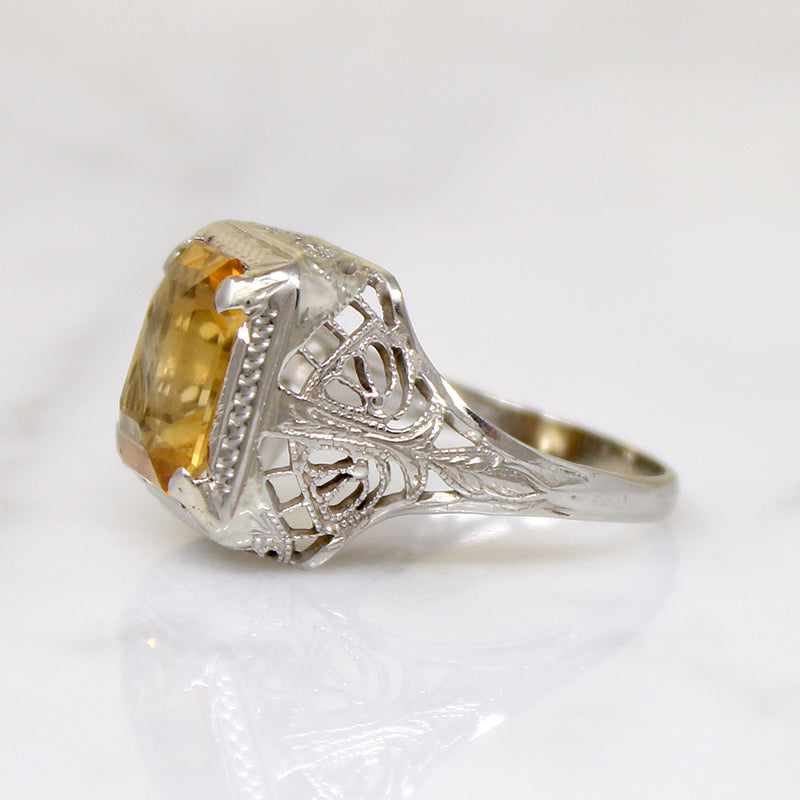 Honey-Colored Citrine in White Gold Filigree Ring