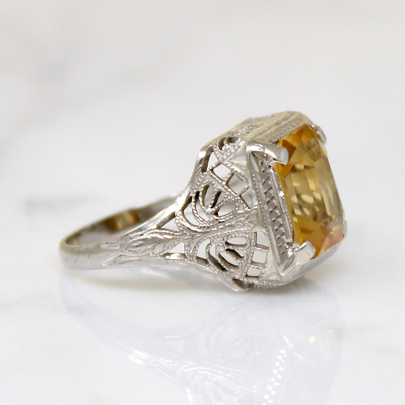 Honey-Colored Citrine in White Gold Filigree Ring