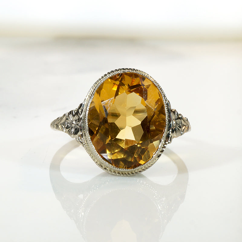 Romantic Citrine & White Gold Filigree Ring