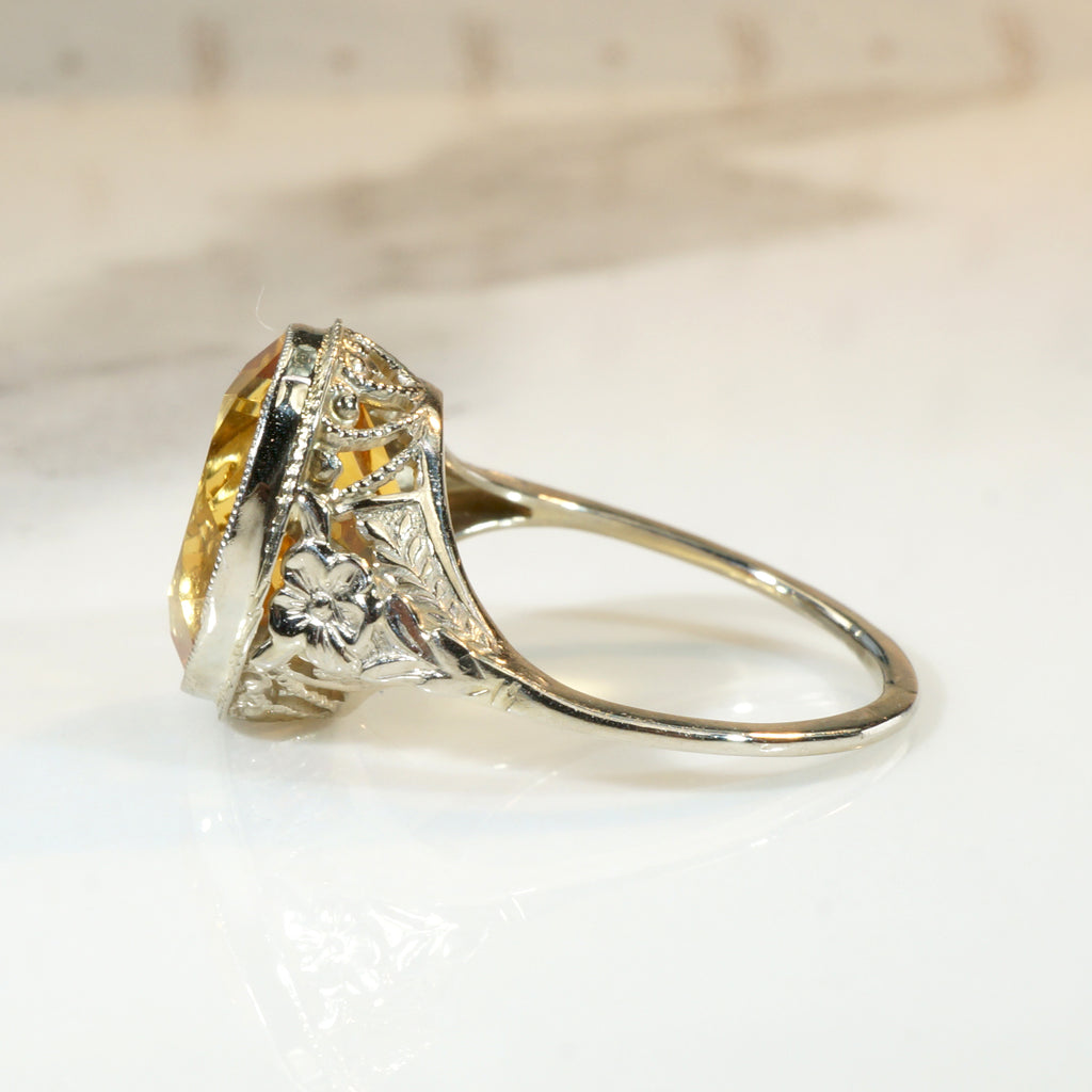 Romantic Citrine & White Gold Filigree Ring