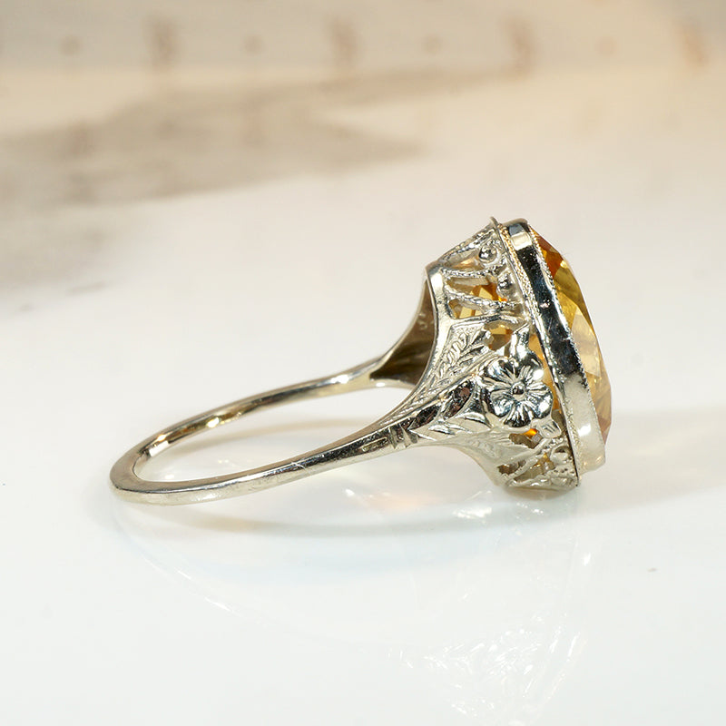 Romantic Citrine & White Gold Filigree Ring