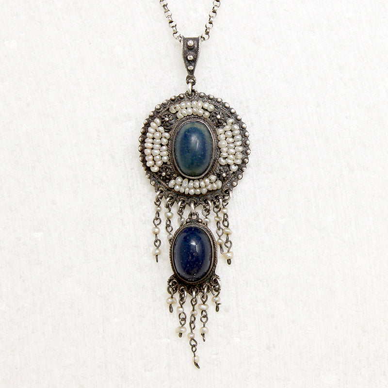 Austro-Hungarian Lapis and Pearl Fringed Pendant