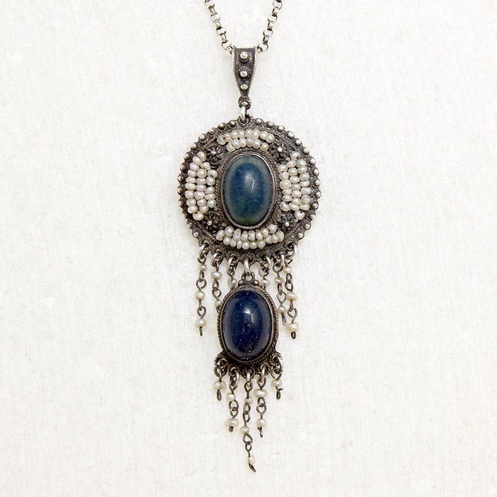 Austro-Hungarian Lapis and Pearl Fringed Pendant