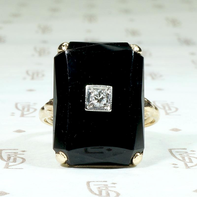 Beveled Black Onyx Ring with Diamond Accent