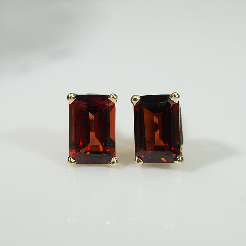Emerald Cut Garnet Studs in Yellow Gold