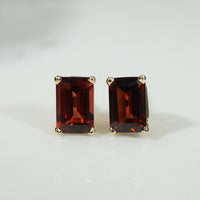 Emerald Cut Garnet Studs in Yellow Gold