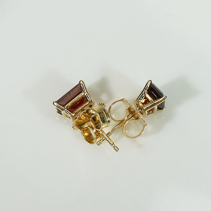 Emerald Cut Garnet Studs in Yellow Gold