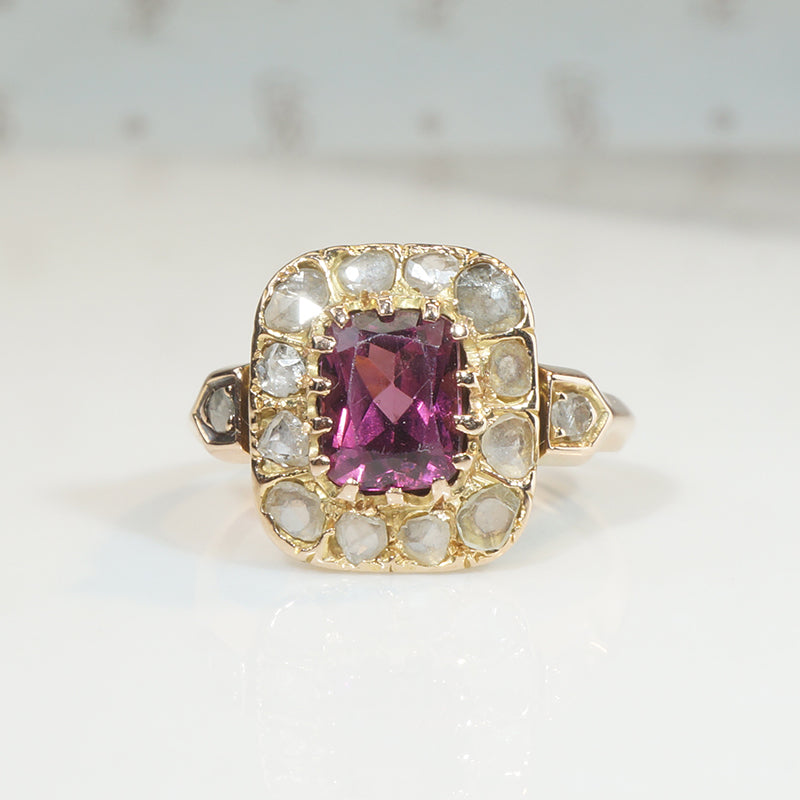 Cushion Cut Garnet and Rose Cut Diamonds