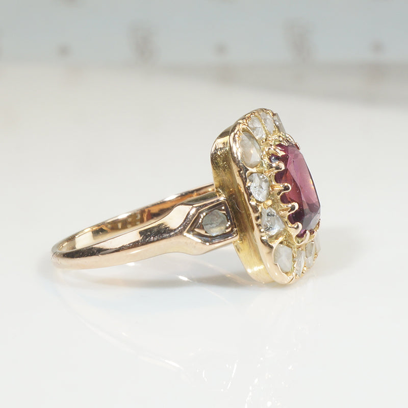 Cushion Cut Garnet and Rose Cut Diamonds