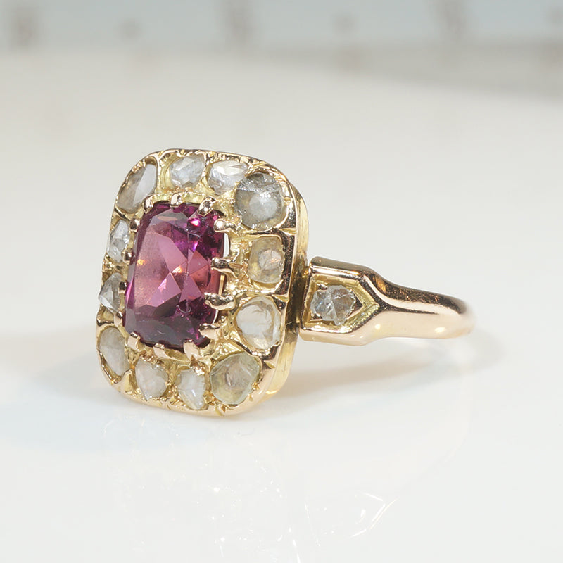 Cushion Cut Garnet and Rose Cut Diamonds