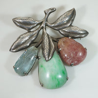 Antique Jade Aquamarine and Ruby Brooch in Silver