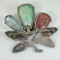 Antique Jade Aquamarine and Ruby Brooch in Silver