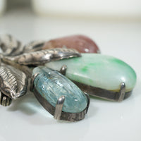 Antique Jade Aquamarine and Ruby Brooch in Silver