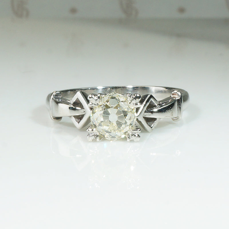 Chunky Mine Cut Pale Yellow Diamond Platinum Engagement Ring