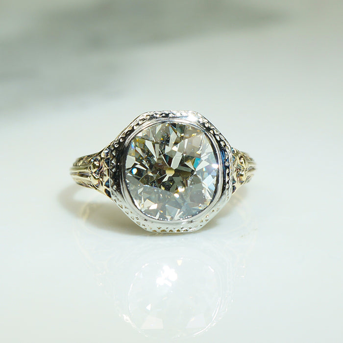 Gold Filigree 2.53 OMC Cushion Diamond Ring