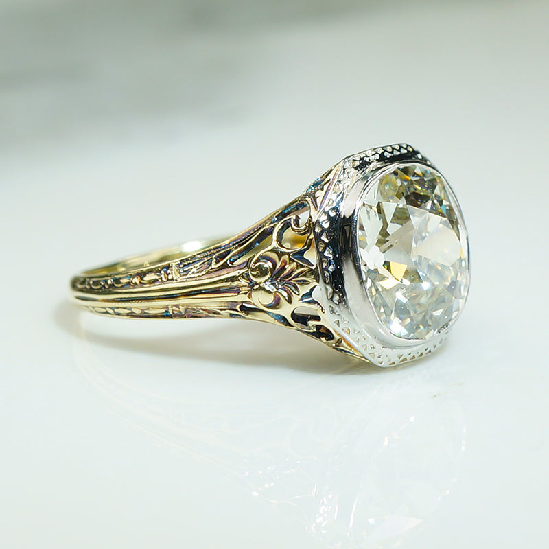 Gold Filigree 2.53 OMC Cushion Diamond Ring