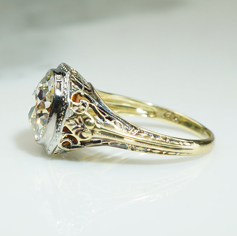 Gold Filigree 2.53 OMC Cushion Diamond Ring