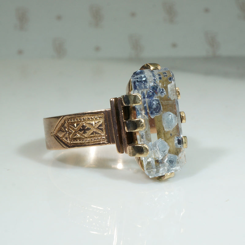 Fluorite Crystal in Engraved Victorian Ring