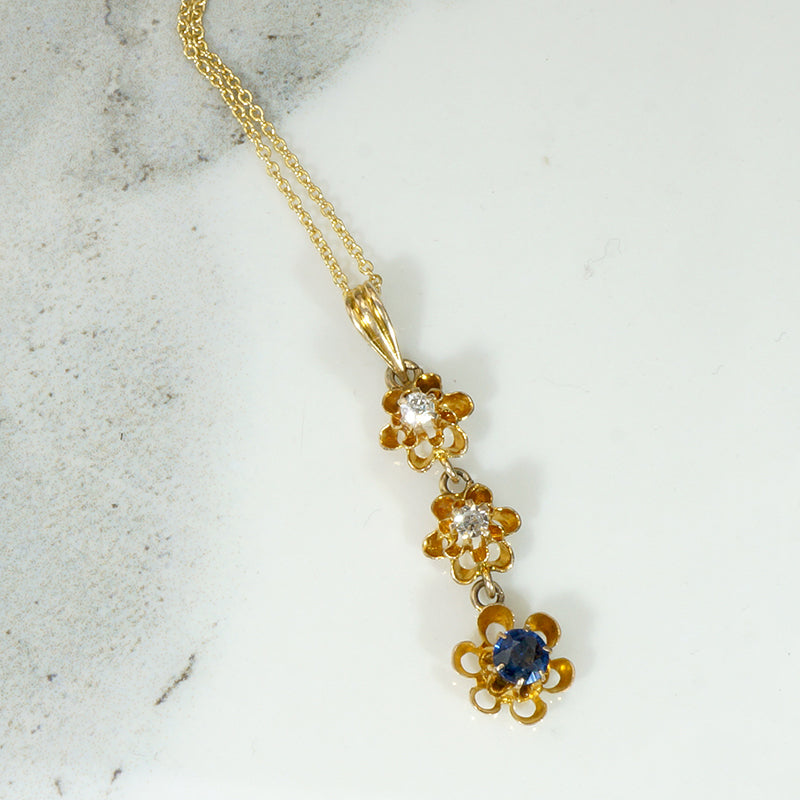 Diamond & Sapphire Set Victorian Flower Pendant