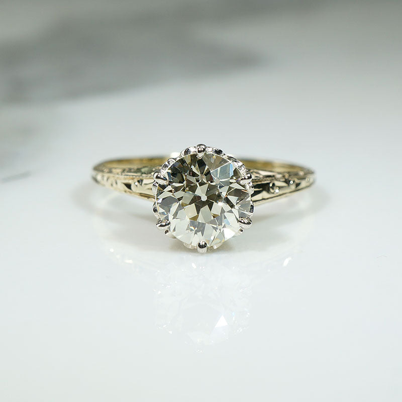 Stunning 1.5ct Old Euro DIamond in Engraved Solitaire Ring