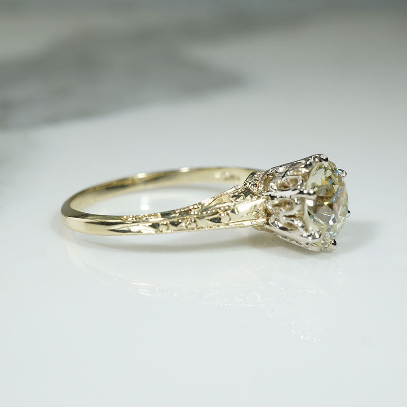 Stunning 1.5ct Old Euro DIamond in Engraved Solitaire Ring