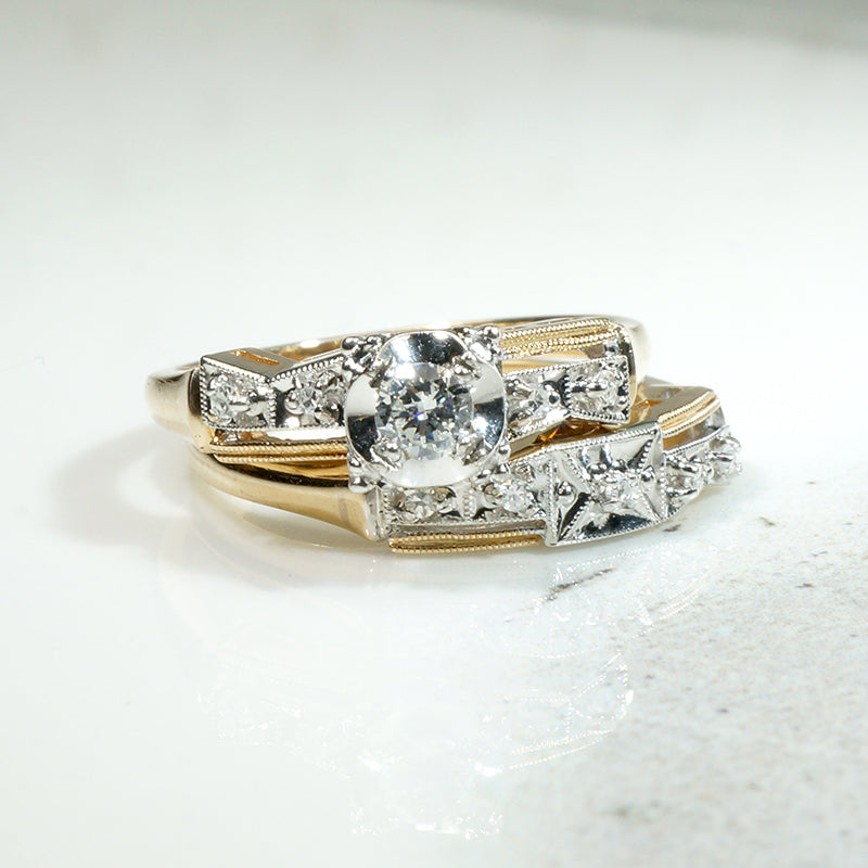 New Old Stock Retro Wedding Set with Old Mine Cut Diamond