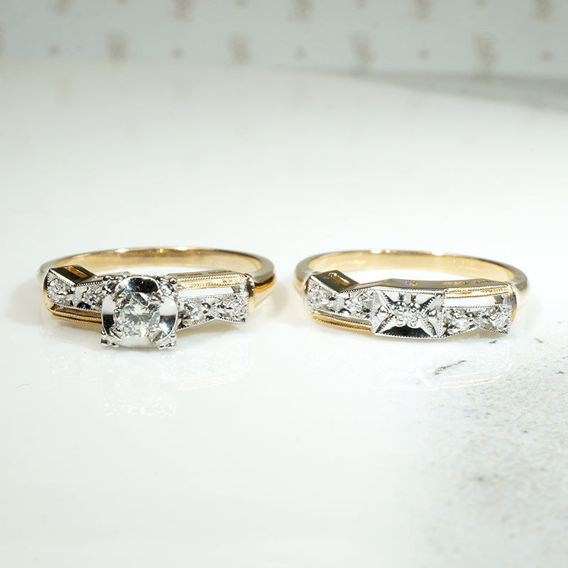 New Old Stock Retro Wedding Set with Old Mine Cut Diamond