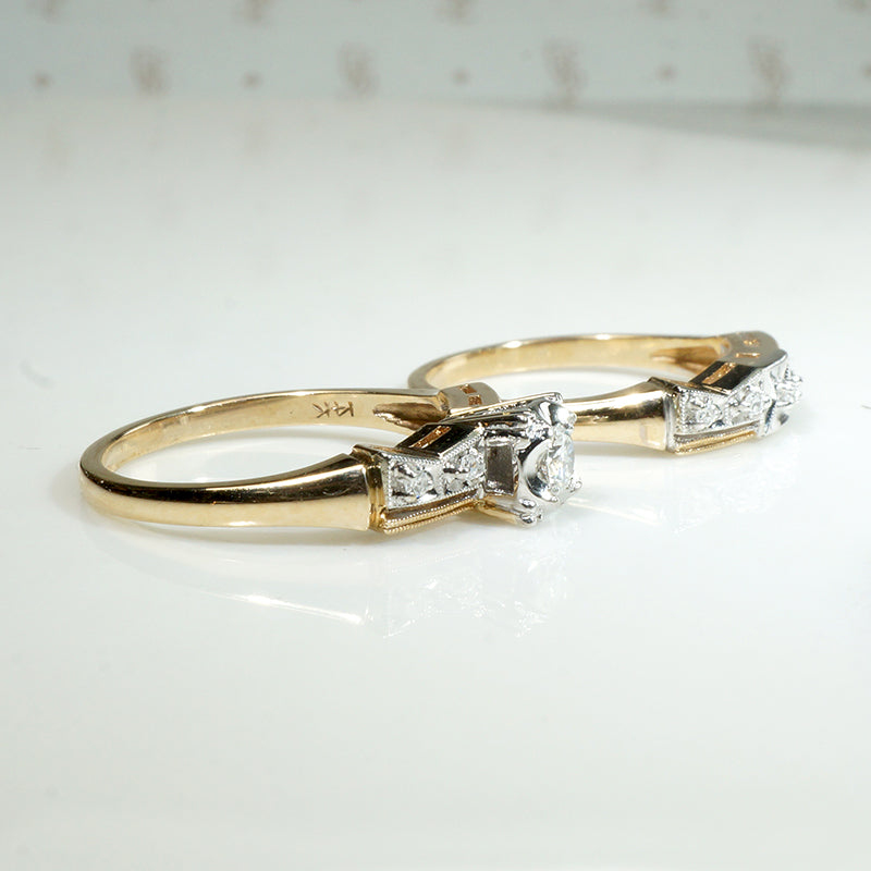 New Old Stock Retro Wedding Set with Old Mine Cut Diamond