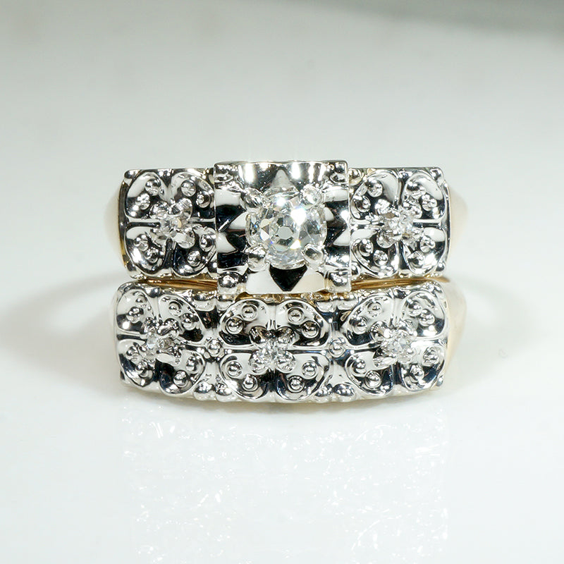 Lucky Clover NOS Old Mine Cut Diamond Two-Tone Gold Wedding Set