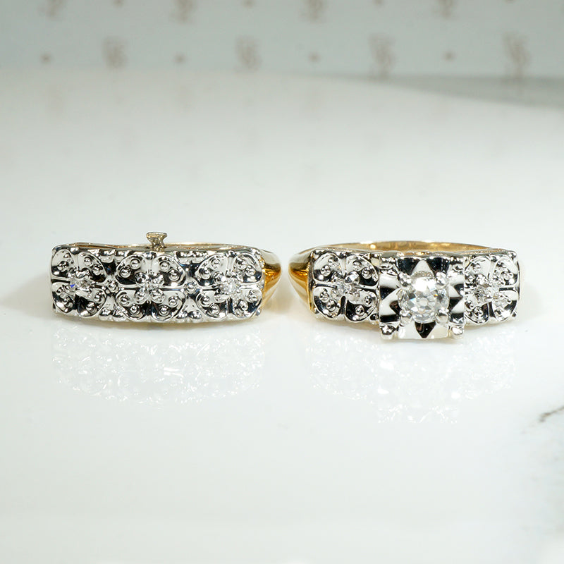 Lucky Clover NOS Old Mine Cut Diamond Two-Tone Gold Wedding Set