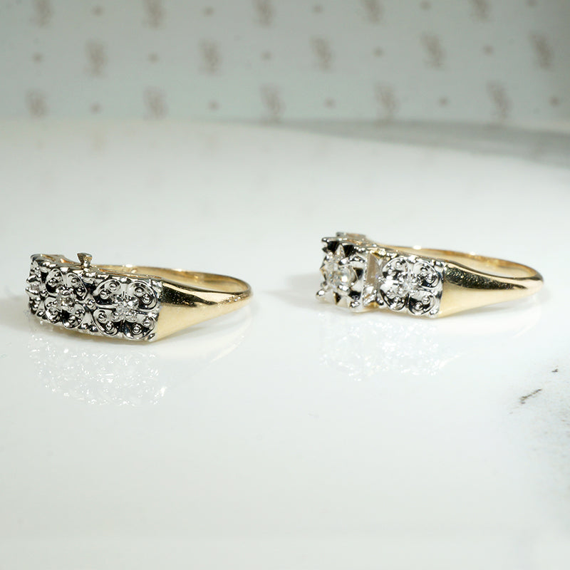 Lucky Clover NOS Old Mine Cut Diamond Two-Tone Gold Wedding Set