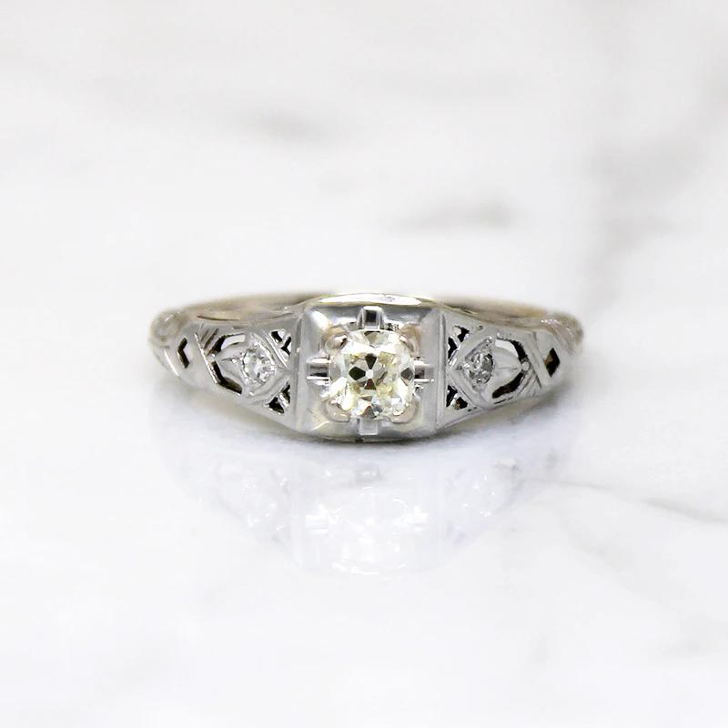 Dazzling Yellow Old Mine Cut Diamond Deco Engagement Ring