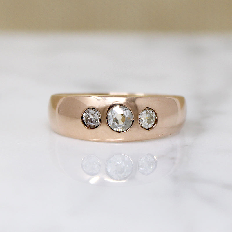 Elegant Three Old Mine Cut Diamond Gypsy Band Engagement Ring