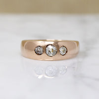 Elegant Three Old Mine Cut Diamond Gypsy Band Engagement Ring