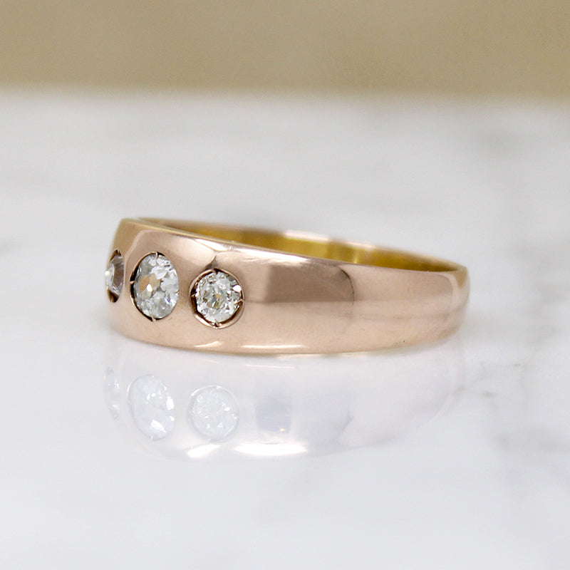 Elegant Three Old Mine Cut Diamond Gypsy Band Engagement Ring