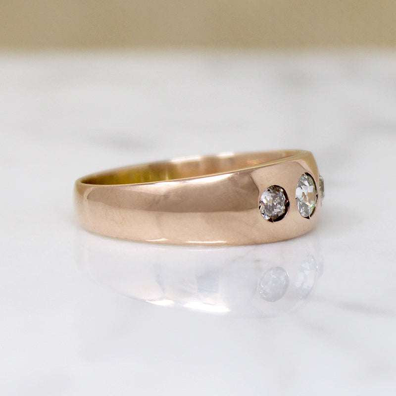 Elegant Three Old Mine Cut Diamond Gypsy Band Engagement Ring