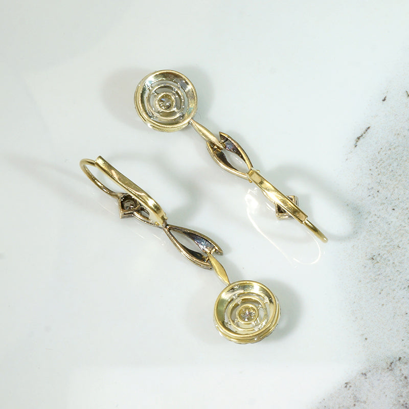 Delicate Deco Drop Earrings in Two-Tone Gold & Diamonds