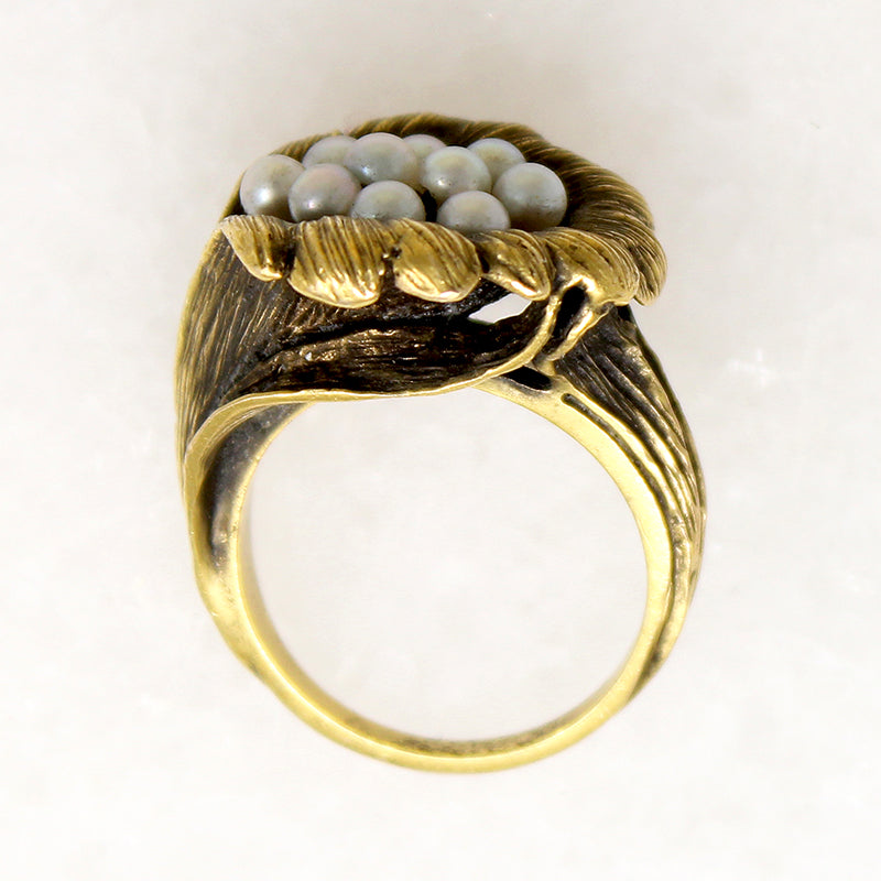 Whimsical Bird's Nest Ring in Gold & Pearl