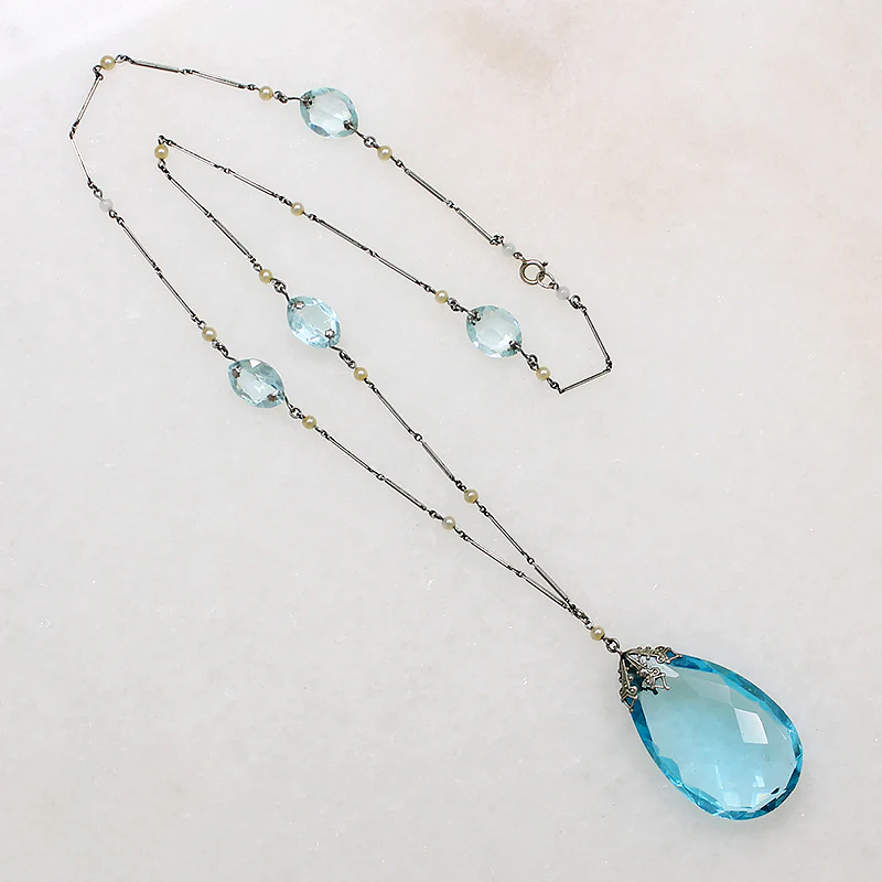 Ethereal Aquamarine-Colored Glass & Faux Pearl Necklace