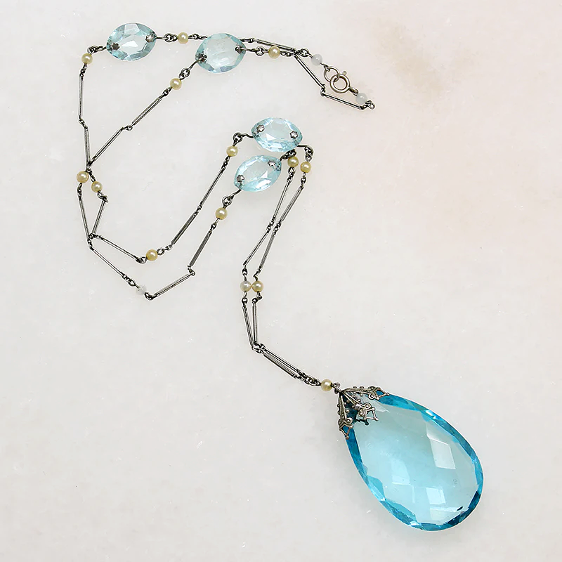 Ethereal Aquamarine-Colored Glass & Faux Pearl Necklace