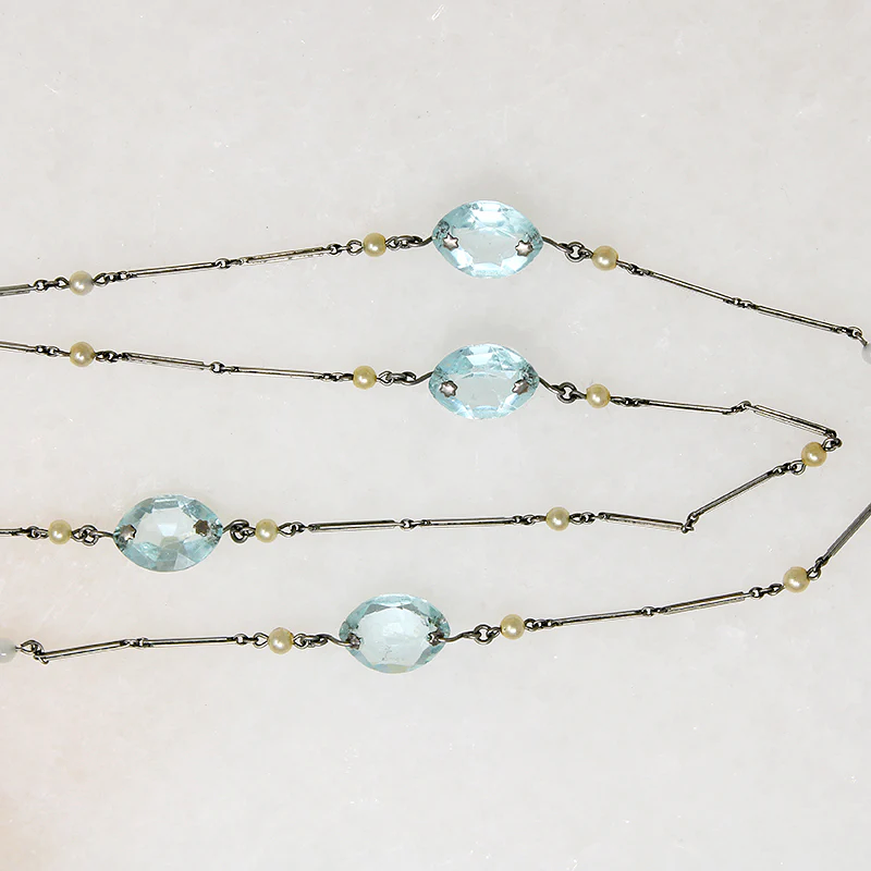 Ethereal Aquamarine-Colored Glass & Faux Pearl Necklace