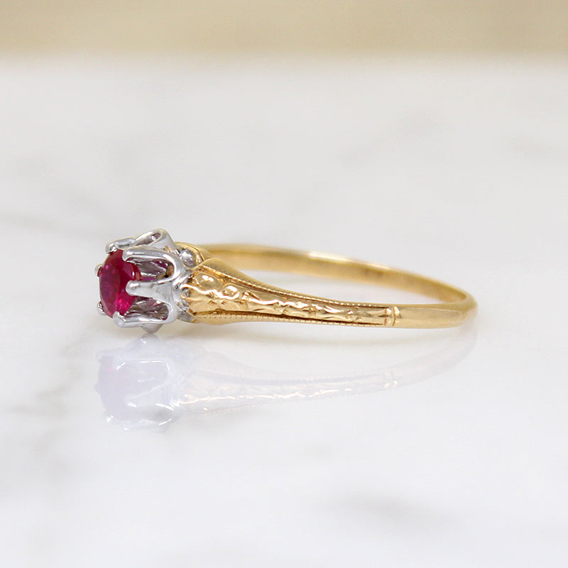 Raspberry-Red Ruby in Engraved 18k Gold Solitaire Ring
